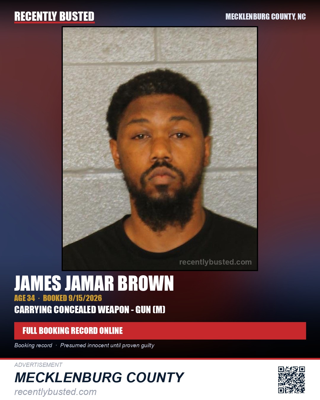 JAMES JAMAR BROWN — arrest record card, Mecklenburg County, North Carolina