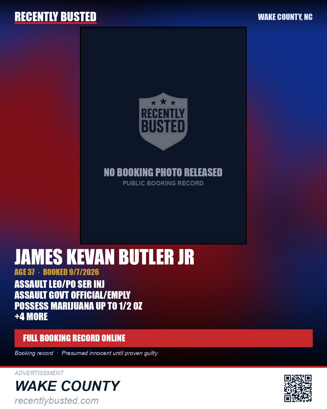 JAMES KEVAN BUTLER JR — arrest record card, Wake County, North Carolina