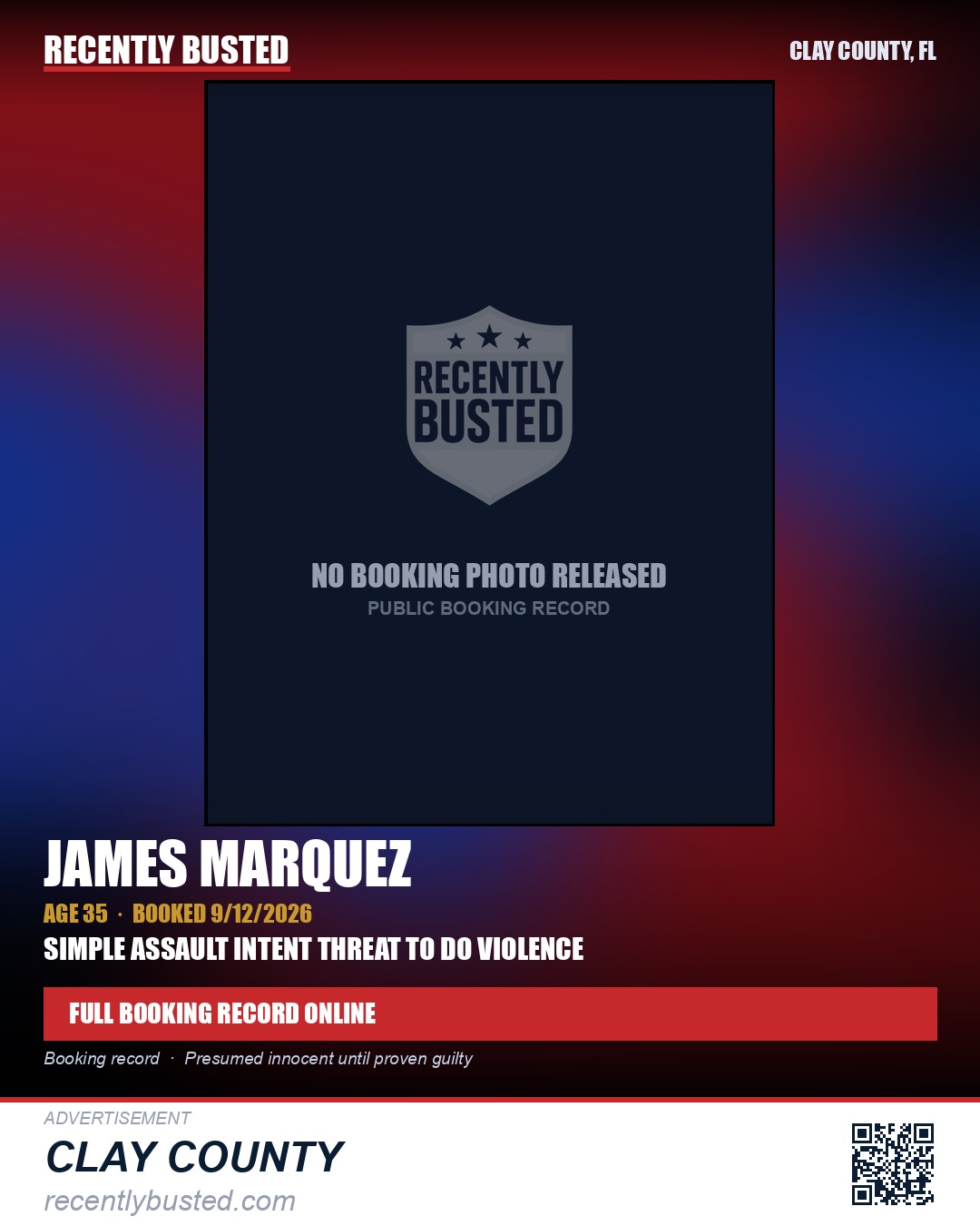 JAMES MARQUEZ — arrest record card, Clay County, Florida