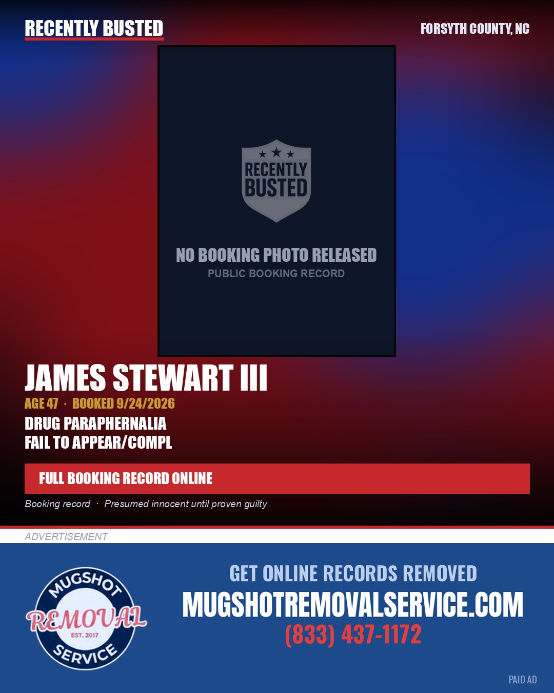 JAMES STEWART III — arrest record card, Forsyth County, North Carolina