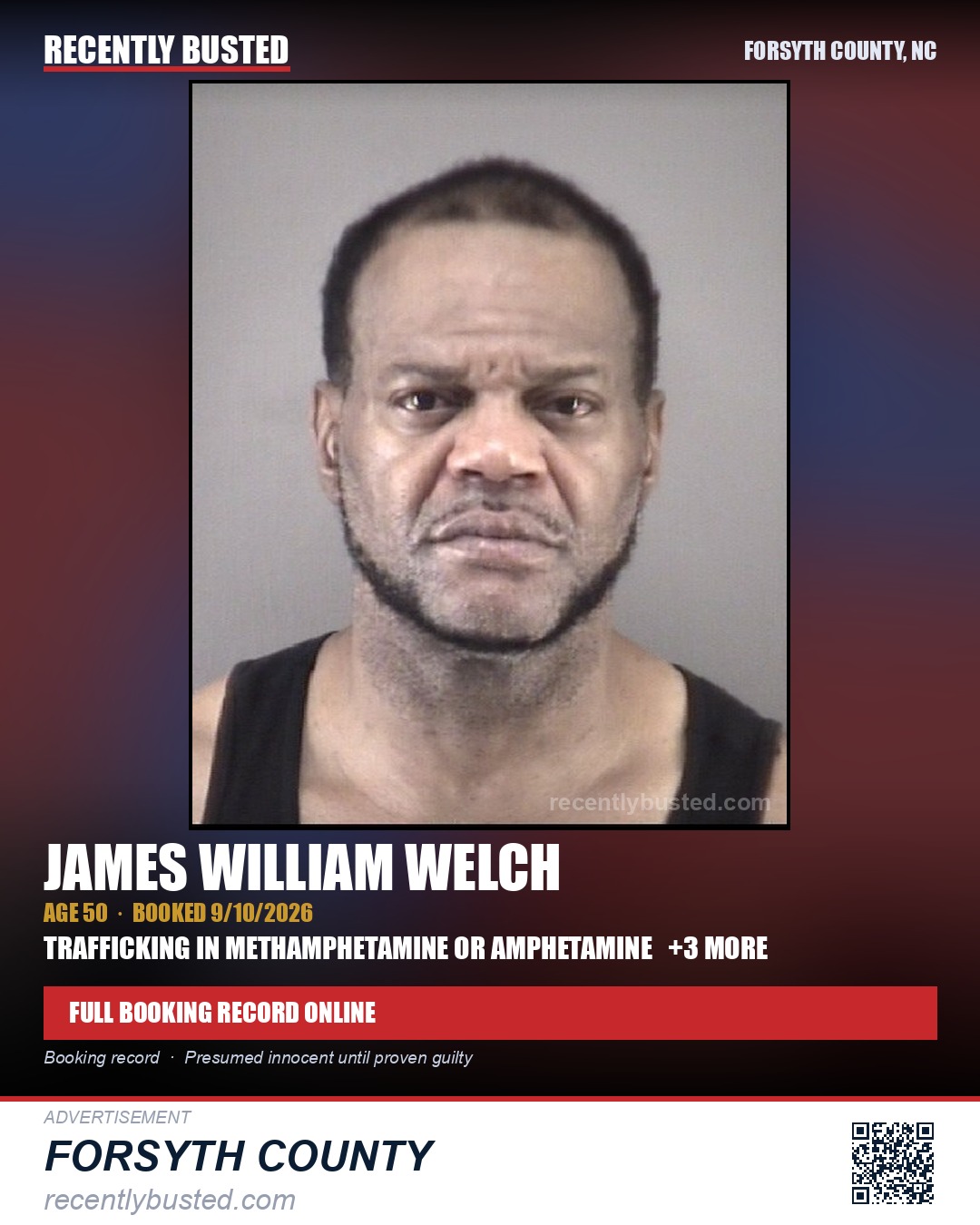 JAMES WILLIAM WELCH — arrest record card, Forsyth County, North Carolina