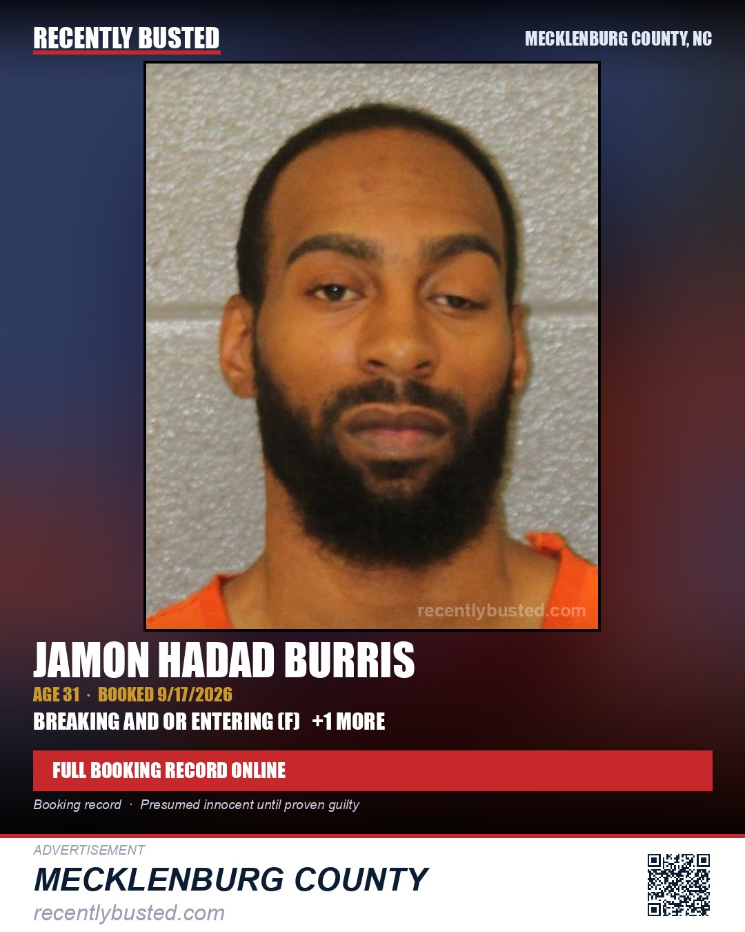 JAMON HADAD BURRIS — arrest record card, Mecklenburg County, North Carolina