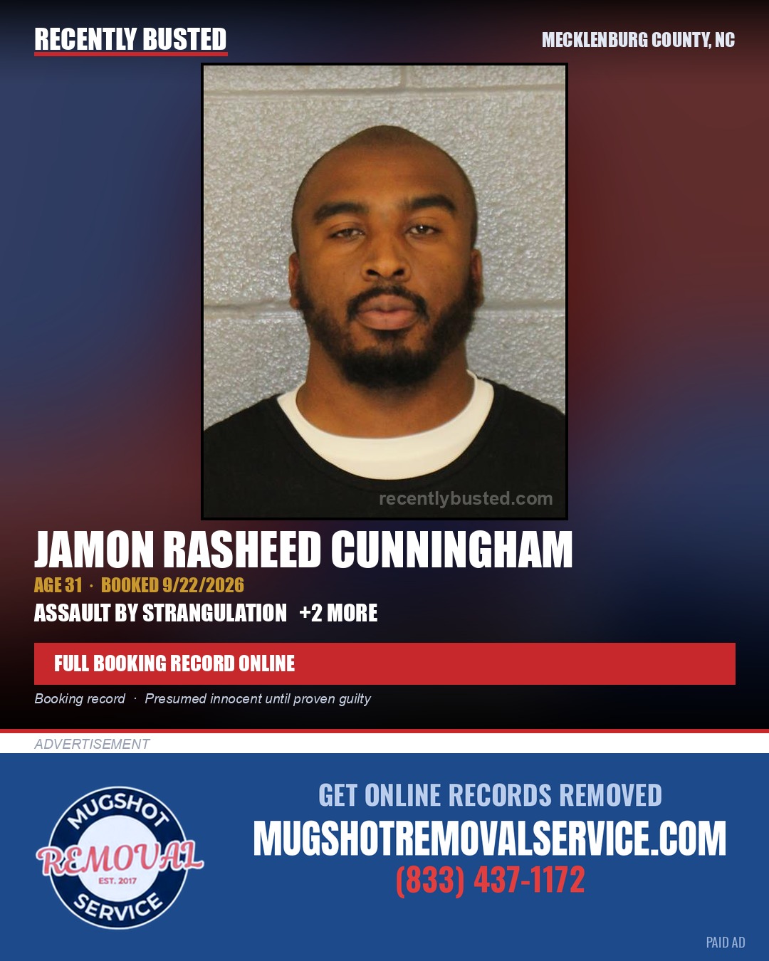 JAMON RASHEED CUNNINGHAM — arrest record card, Mecklenburg County, North Carolina