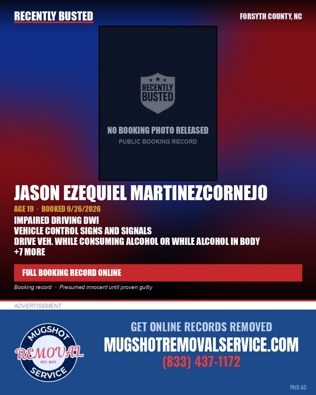 JASON EZEQUIEL MARTINEZCORNEJO — arrest record card, Forsyth County, North Carolina