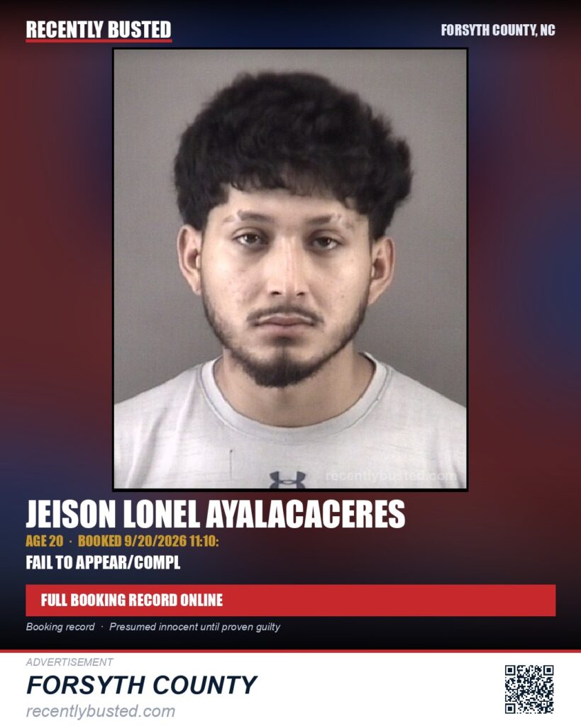 JEISON LONEL AYALACACERES — arrest record card, Forsyth County, North Carolina