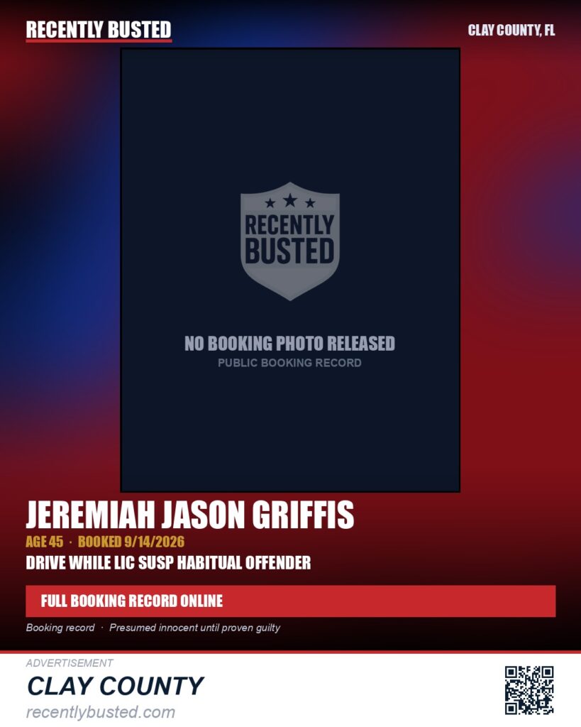 JEREMIAH JASON GRIFFIS — arrest record card, Clay County, Florida