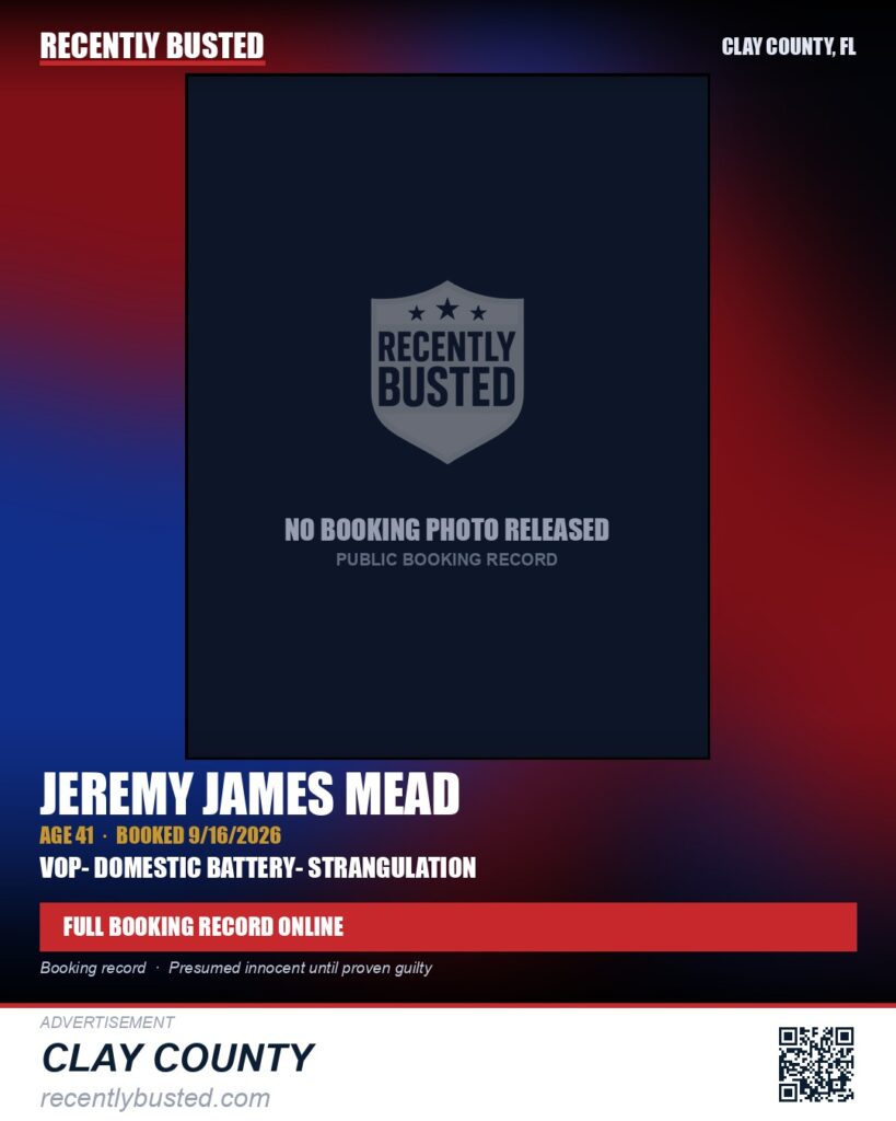 JEREMY JAMES MEAD — arrest record card, Clay County, Florida