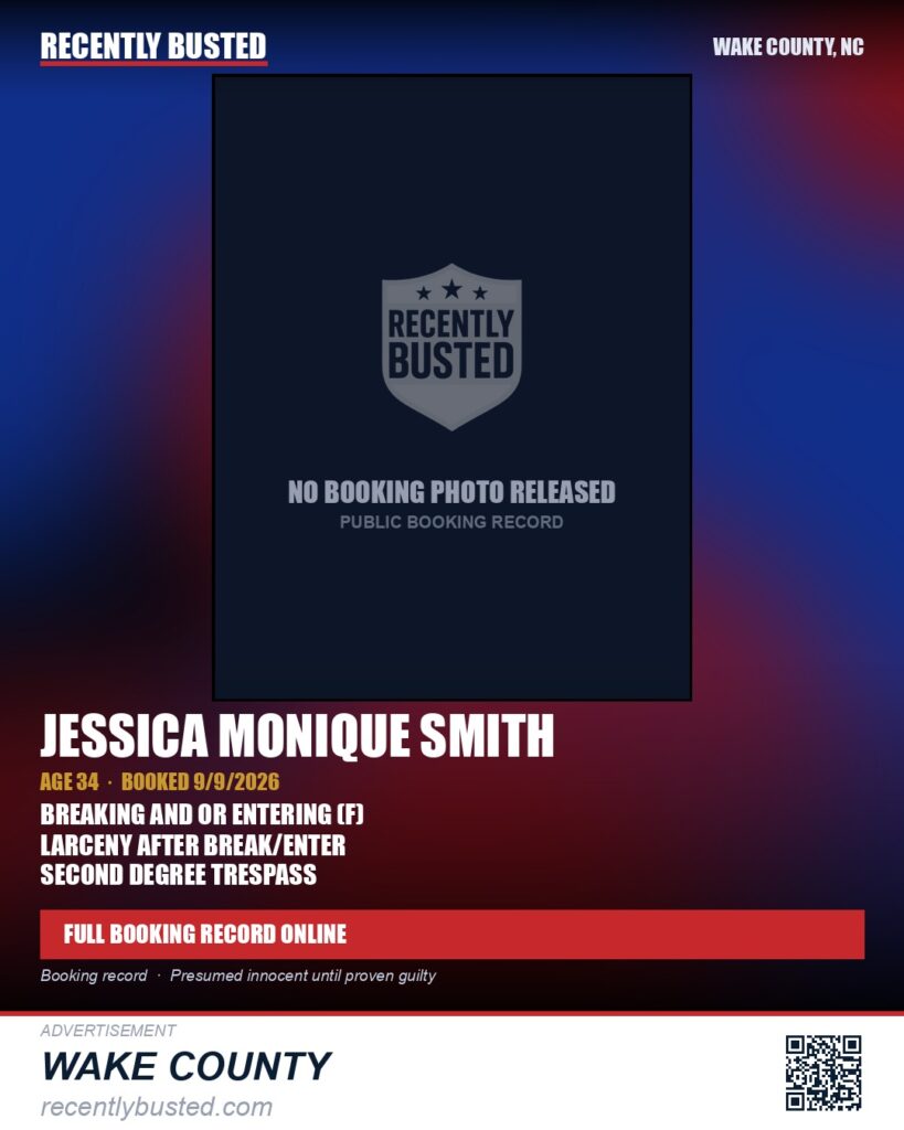 JESSICA MONIQUE SMITH — arrest record card, Wake County, North Carolina