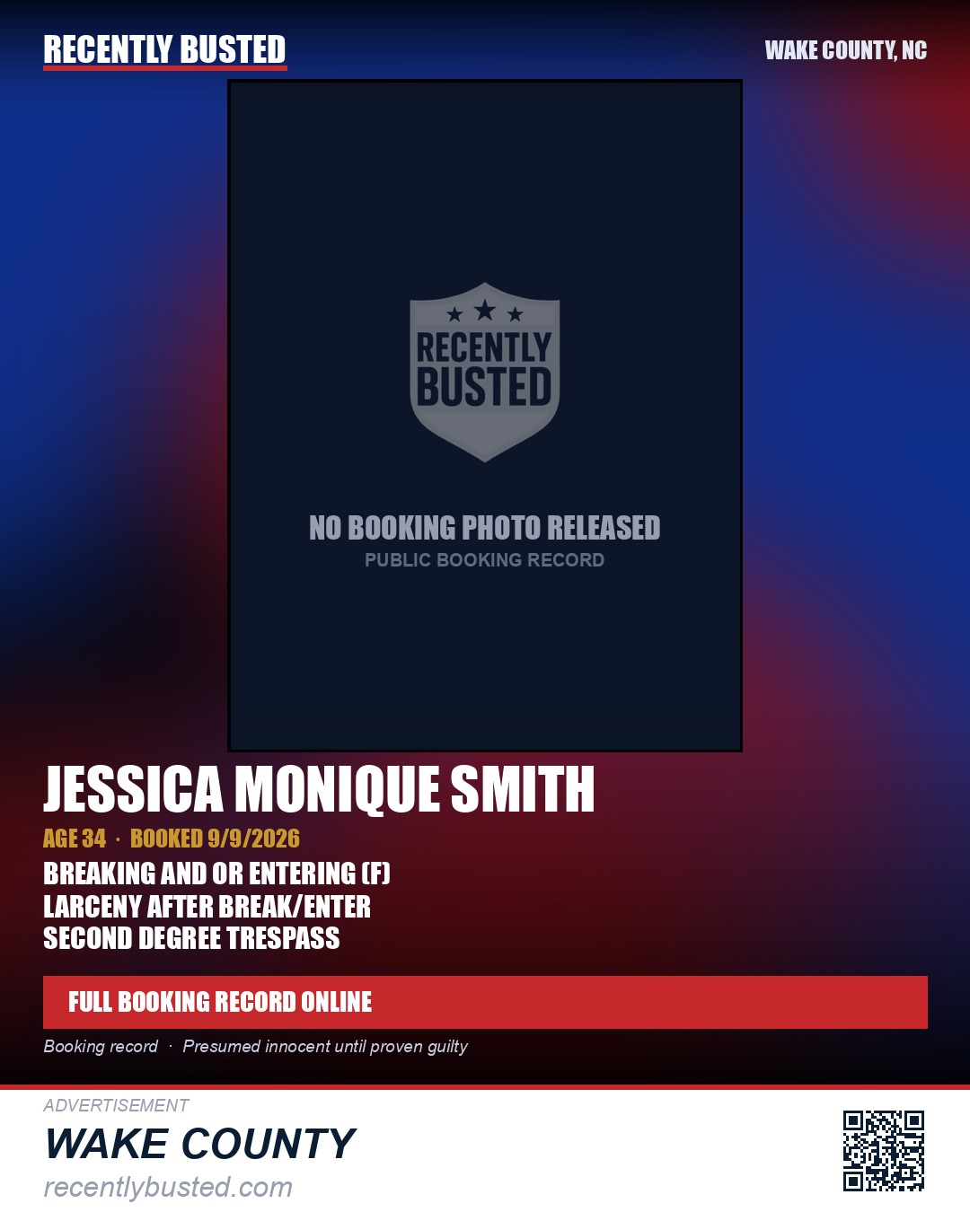 JESSICA MONIQUE SMITH — arrest record card, Wake County, North Carolina