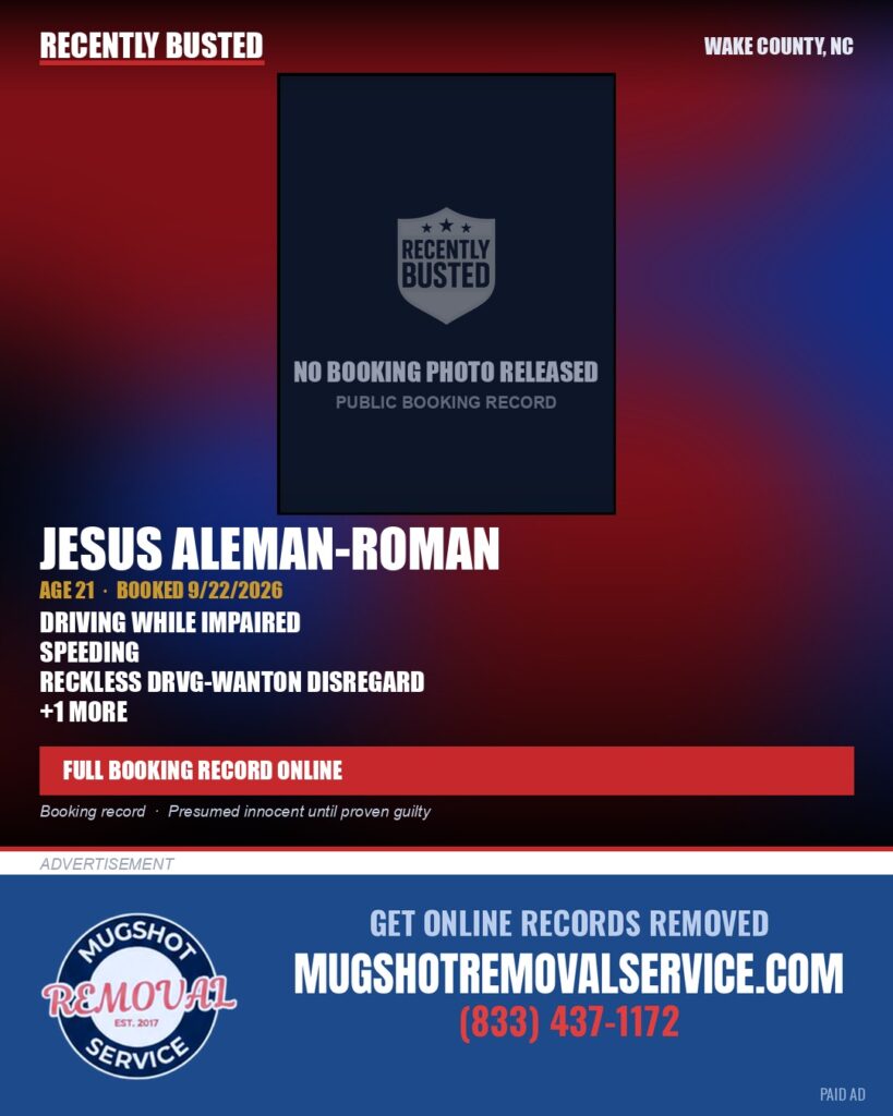 JESUS ALEMAN-ROMAN — arrest record card, Wake County, North Carolina