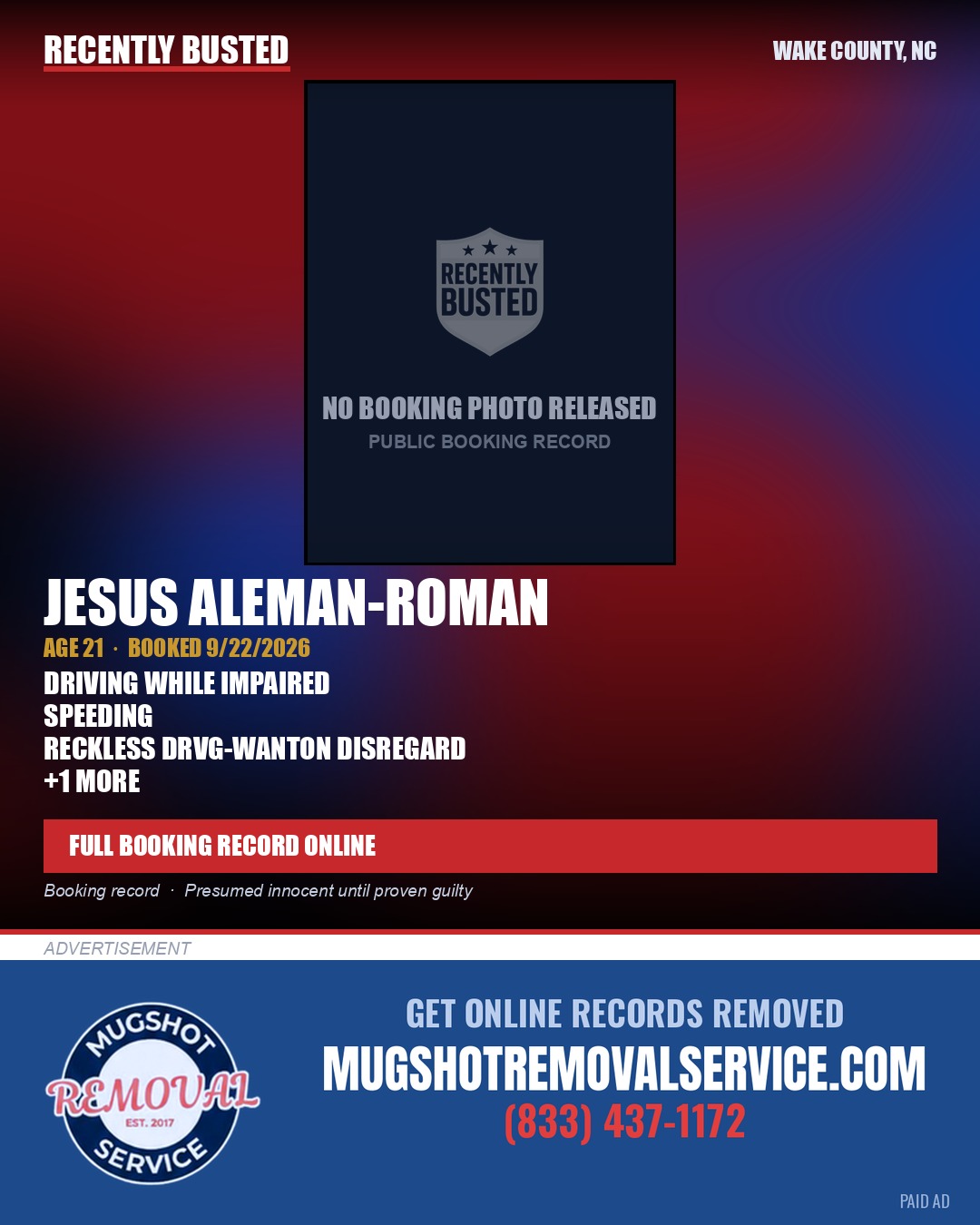 JESUS ALEMAN-ROMAN — arrest record card, Wake County, North Carolina