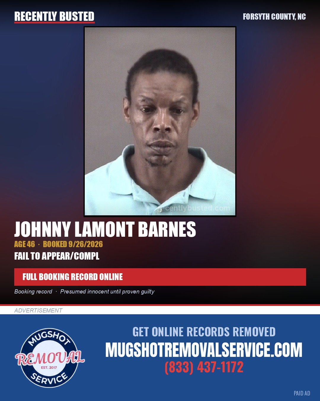 JOHNNY LAMONT BARNES — arrest record card, Forsyth County, North Carolina