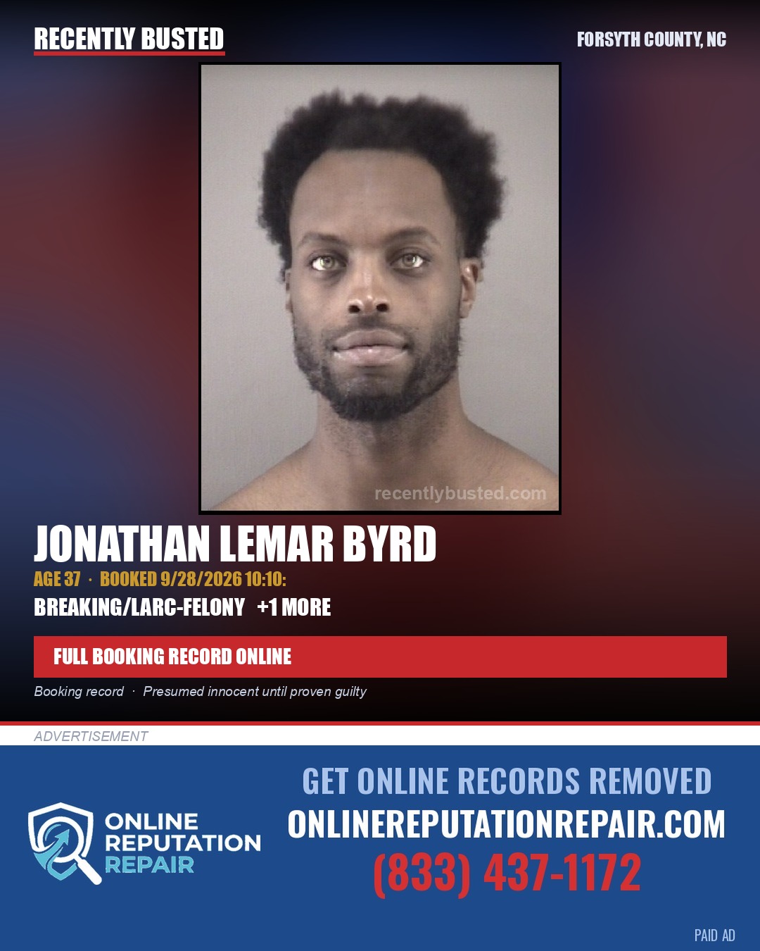 JONATHAN LEMAR BYRD — arrest record card, Forsyth County, North Carolina