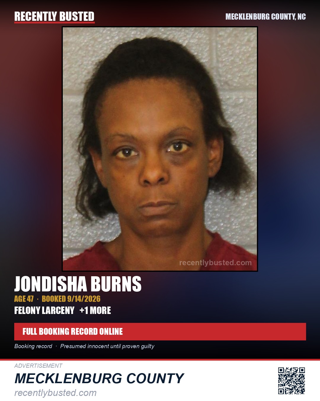 JONDISHA BURNS — arrest record card, Mecklenburg County, North Carolina
