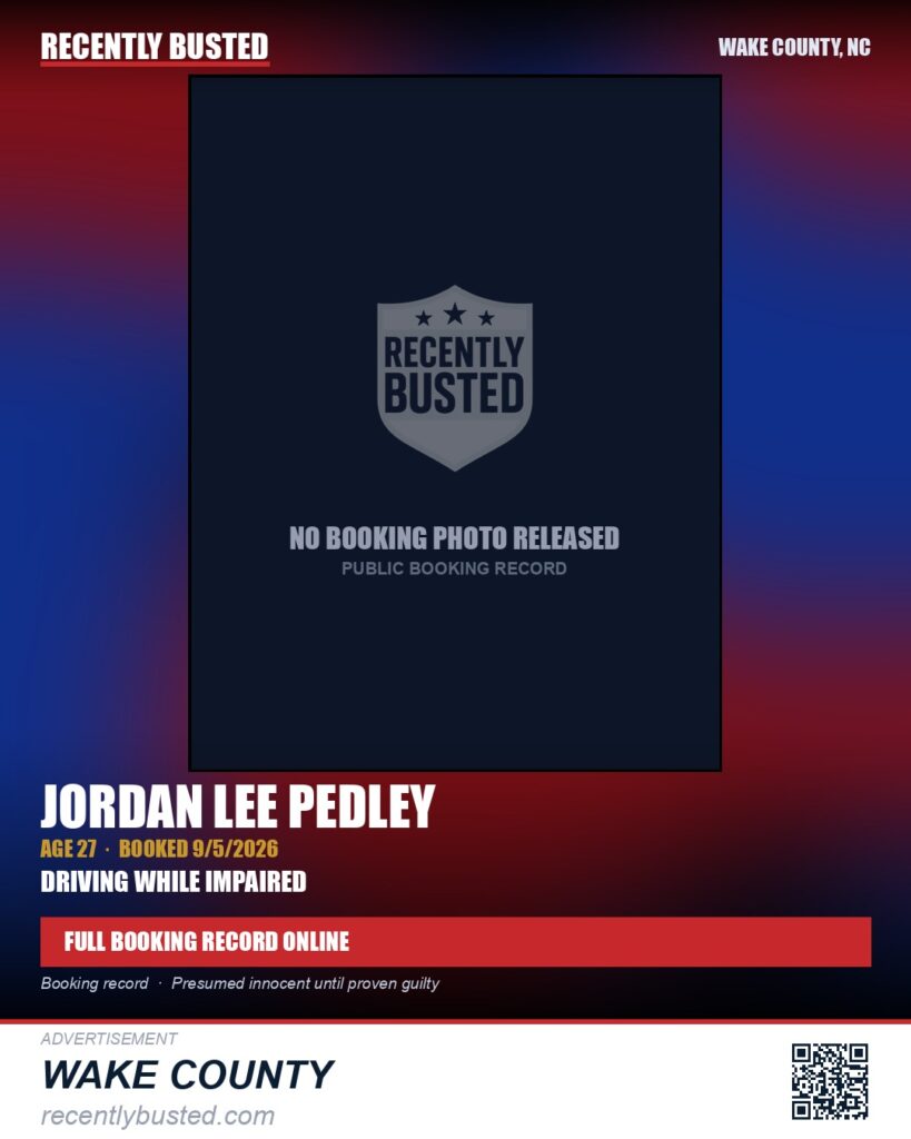 JORDAN LEE PEDLEY — arrest record card, Wake County, North Carolina