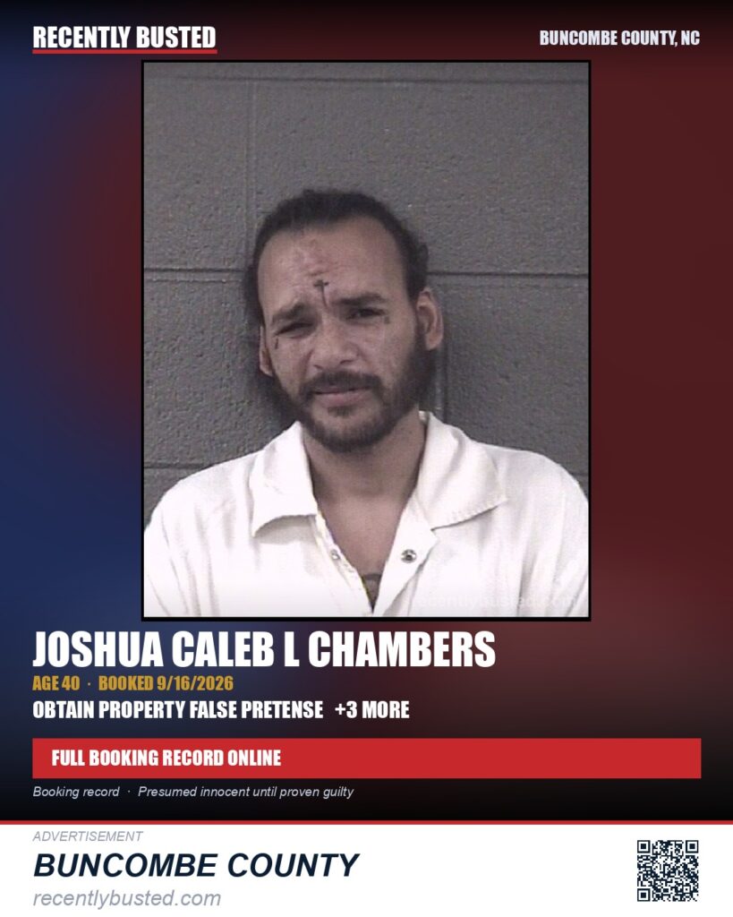 JOSHUA CALEB L CHAMBERS — arrest record card, Buncombe County, North Carolina