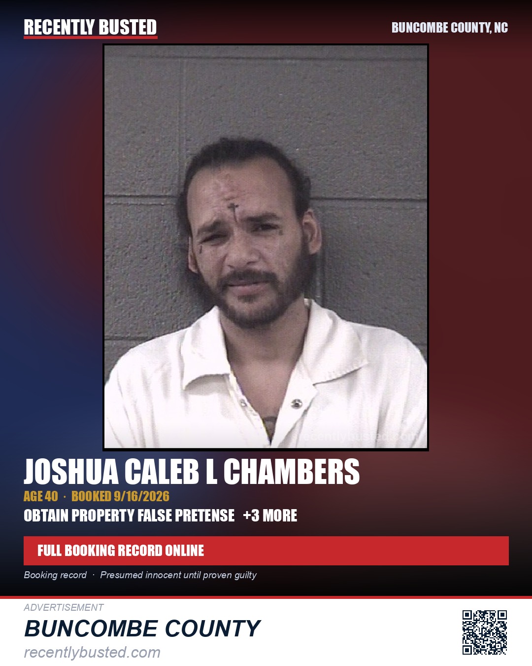 JOSHUA CALEB L CHAMBERS — arrest record card, Buncombe County, North Carolina