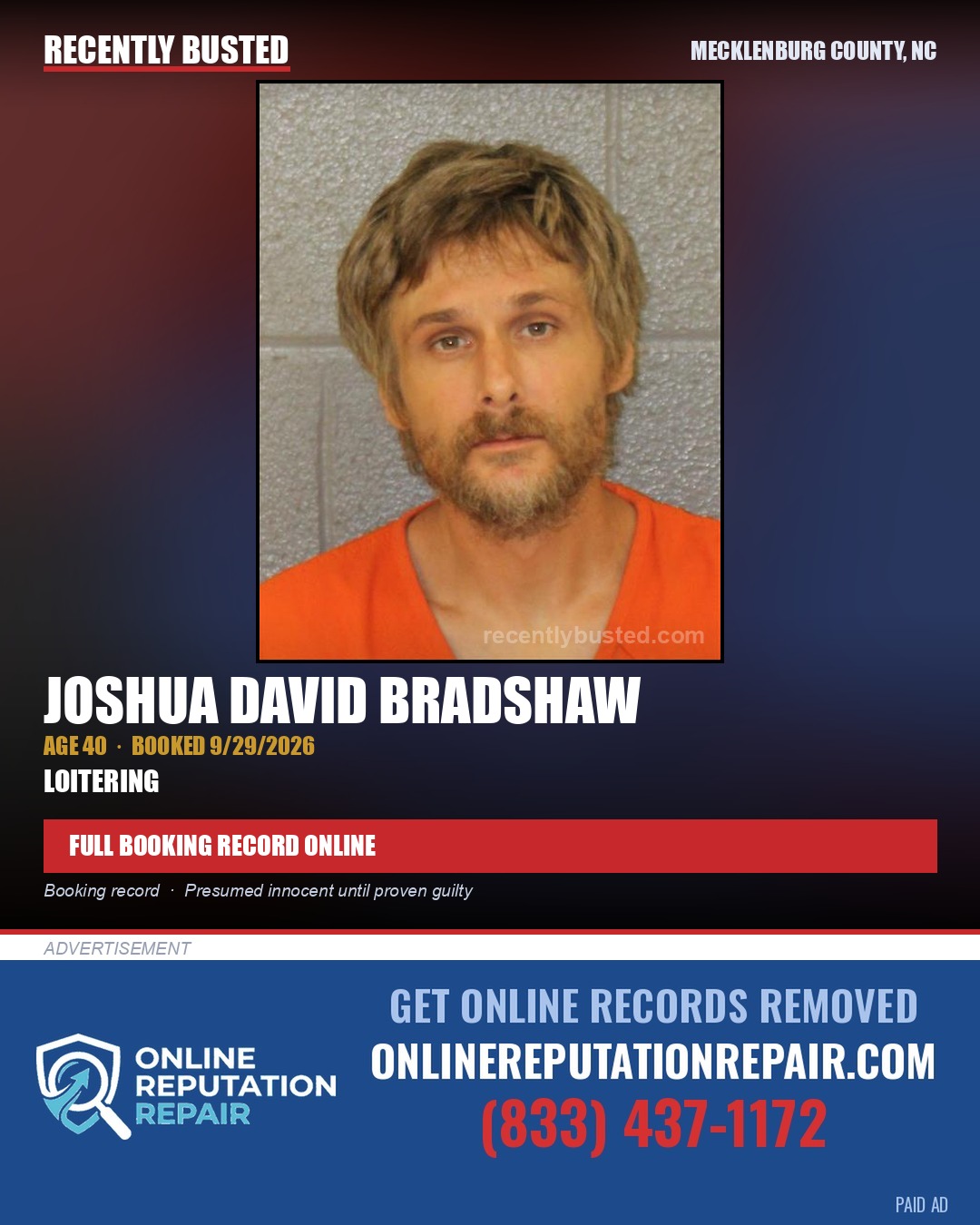JOSHUA DAVID BRADSHAW — arrest record card, Mecklenburg County, North Carolina