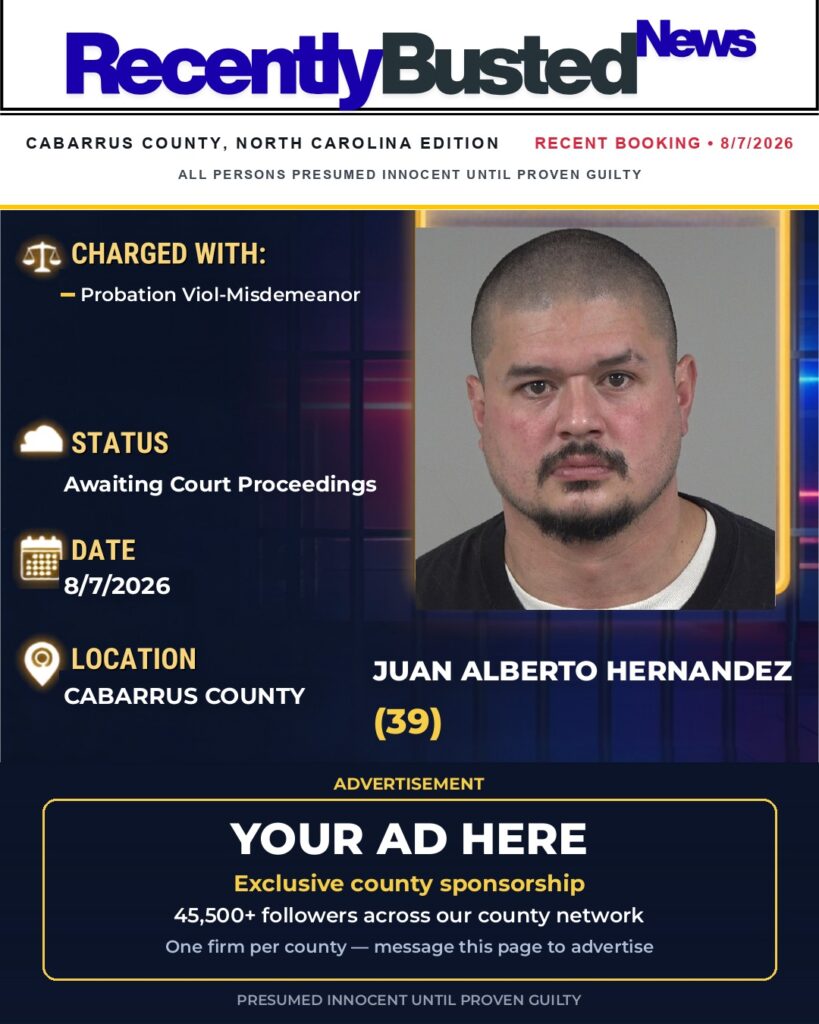 JUAN ALBERTO HERNANDEZ — arrest record card, Cabarrus County