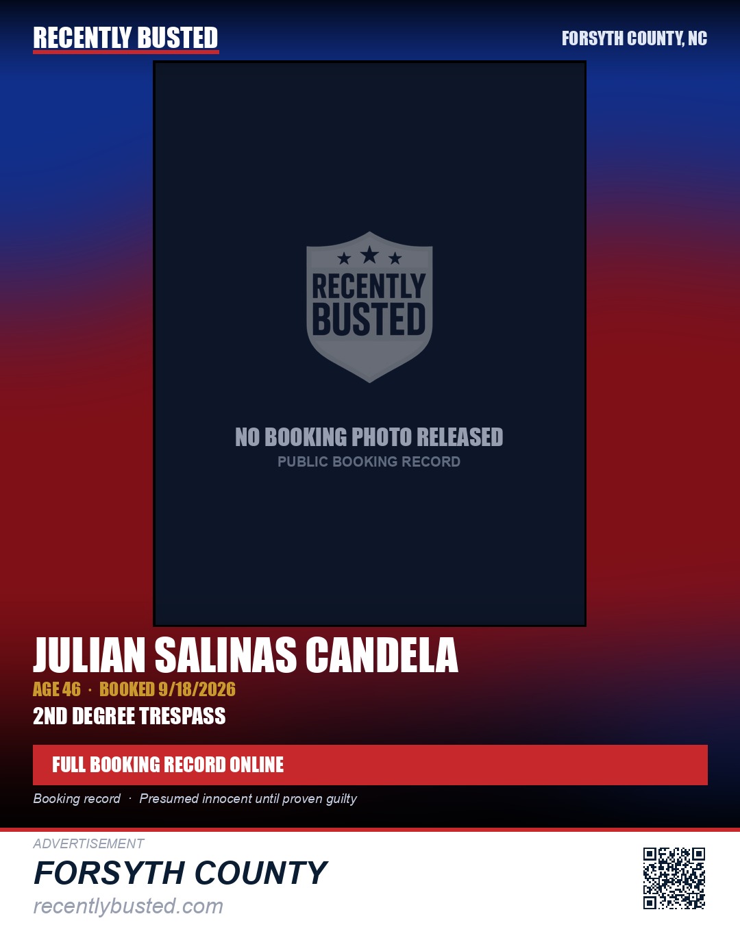 JULIAN SALINAS CANDELA — arrest record card, Forsyth County, North Carolina
