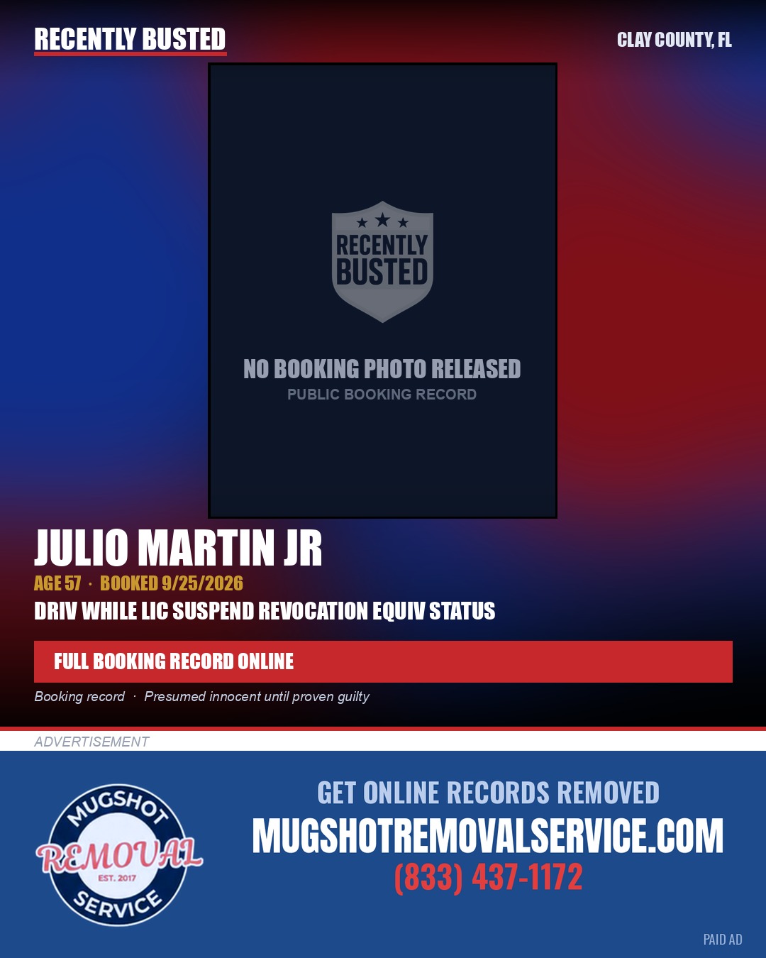 JULIO MARTIN JR — arrest record card, Clay County, Florida