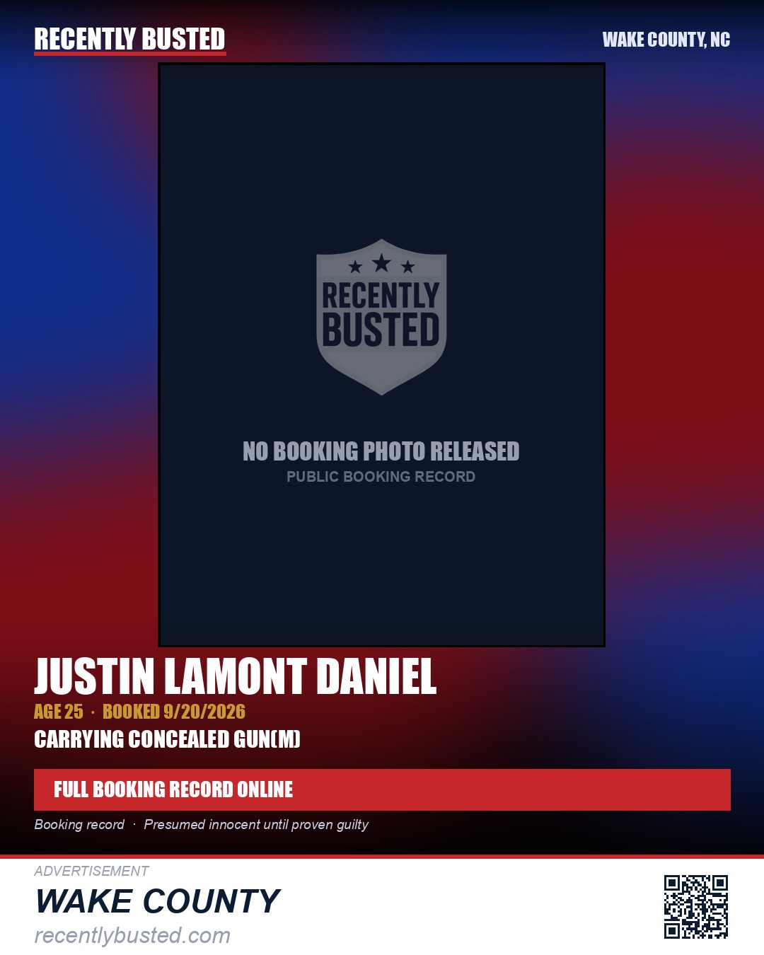 JUSTIN LAMONT DANIEL — arrest record card, Wake County, North Carolina