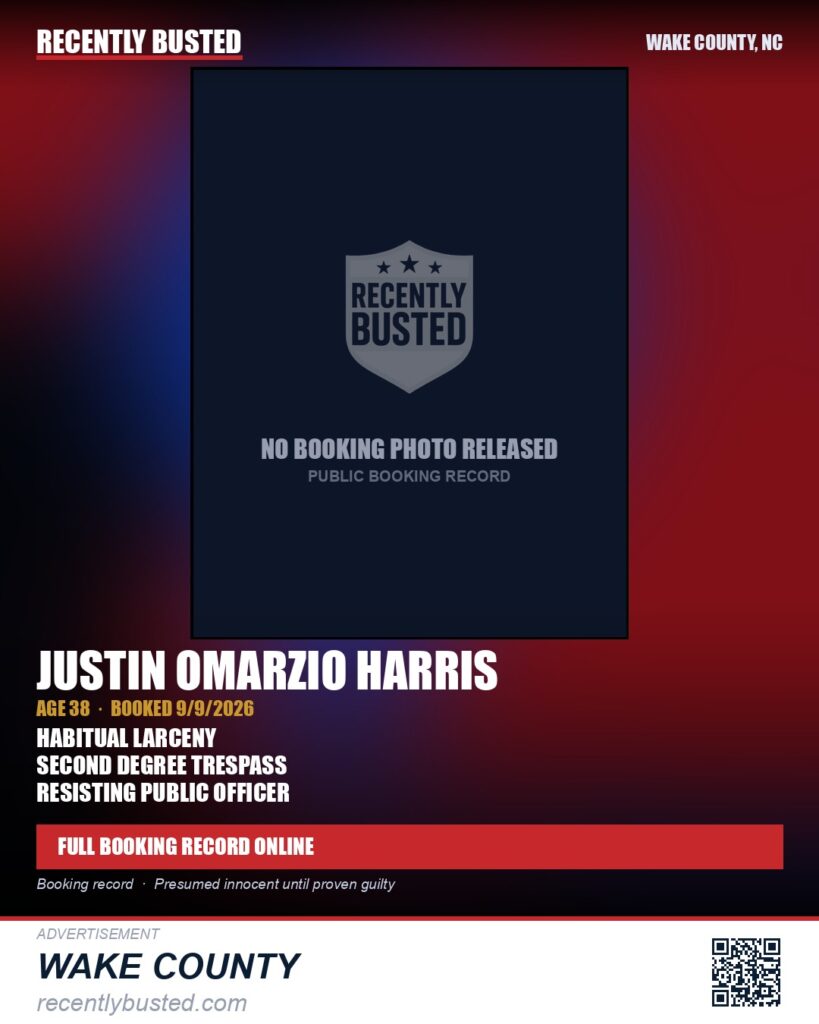 JUSTIN OMARZIO HARRIS — arrest record card, Wake County, North Carolina