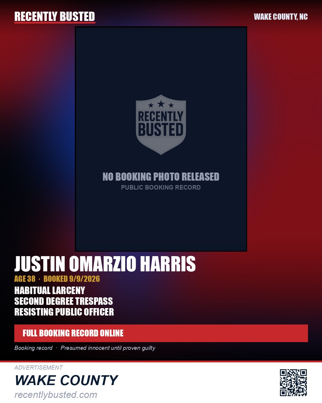 JUSTIN OMARZIO HARRIS — arrest record card, Wake County, North Carolina