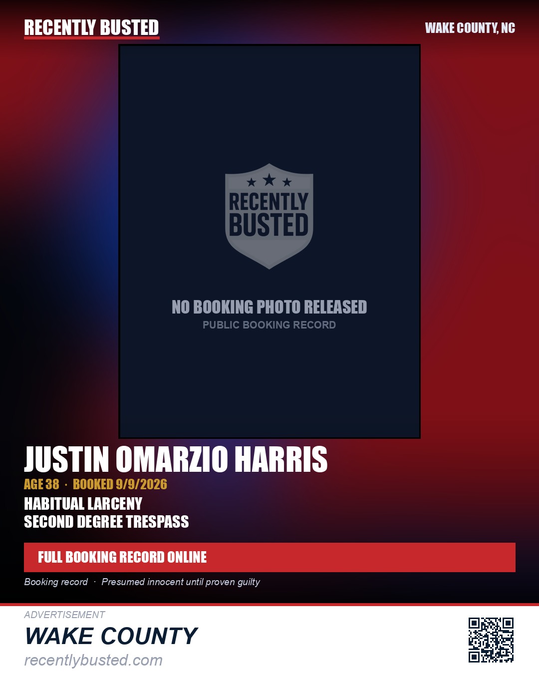 JUSTIN OMARZIO HARRIS — arrest record card, Wake County, North Carolina