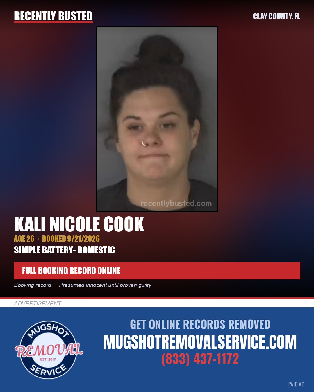 KALI NICOLE COOK — arrest record card, Clay County, Florida