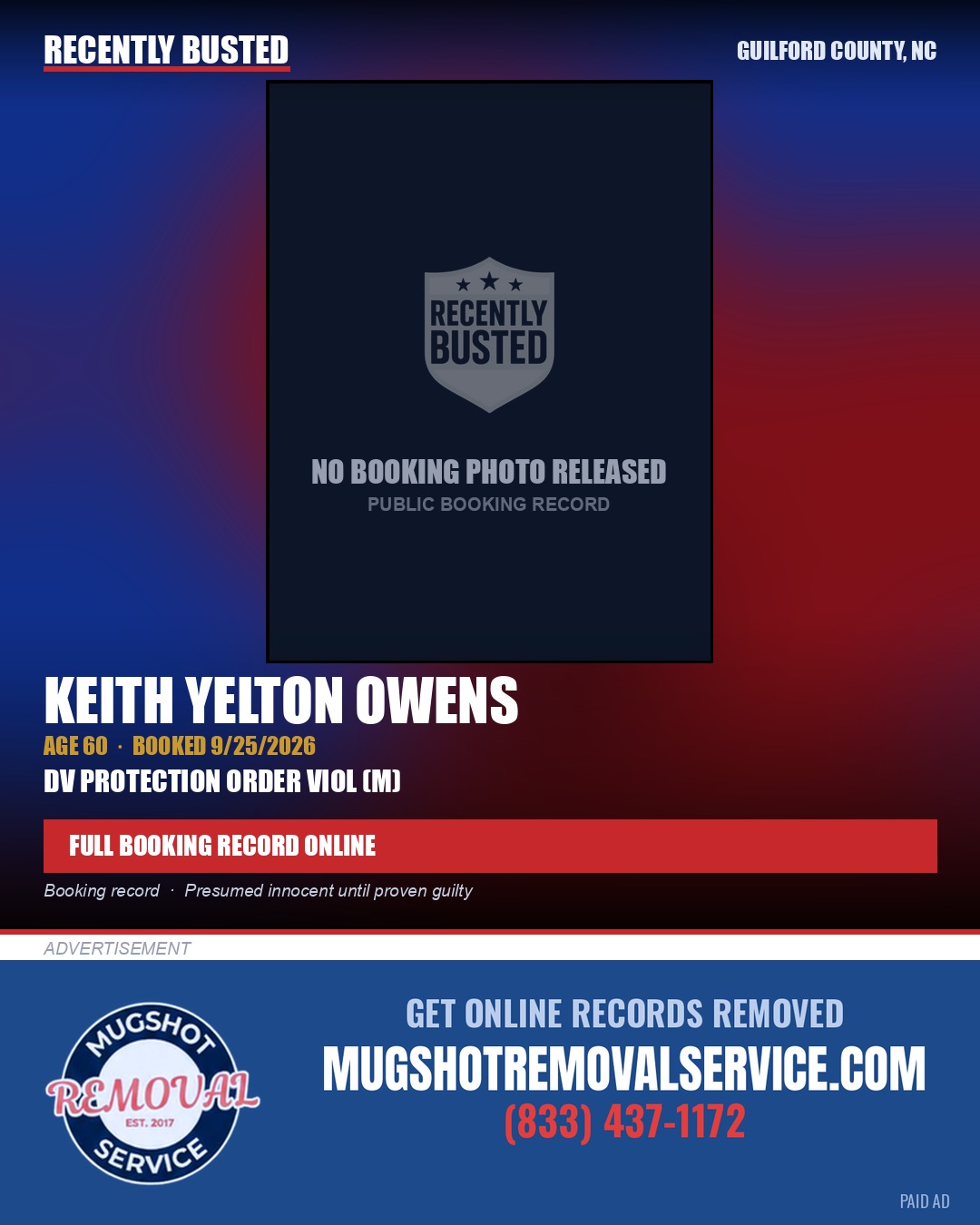 KEITH YELTON OWENS — arrest record card, Guilford County, North Carolina