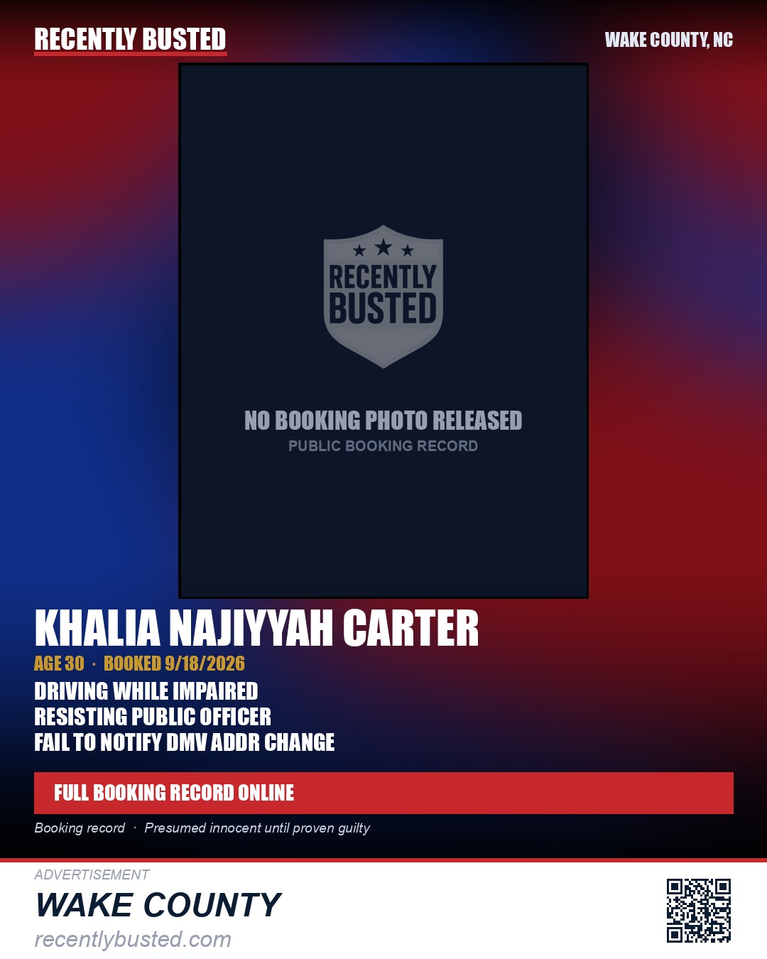 KHALIA NAJIYYAH CARTER — arrest record card, Wake County, North Carolina