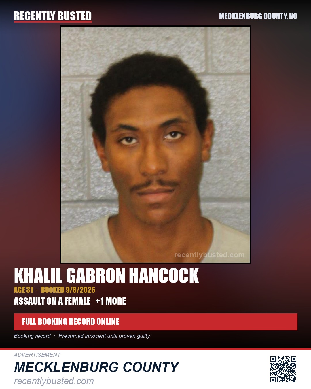 KHALIL GABRON HANCOCK — arrest record card, Mecklenburg County, North Carolina