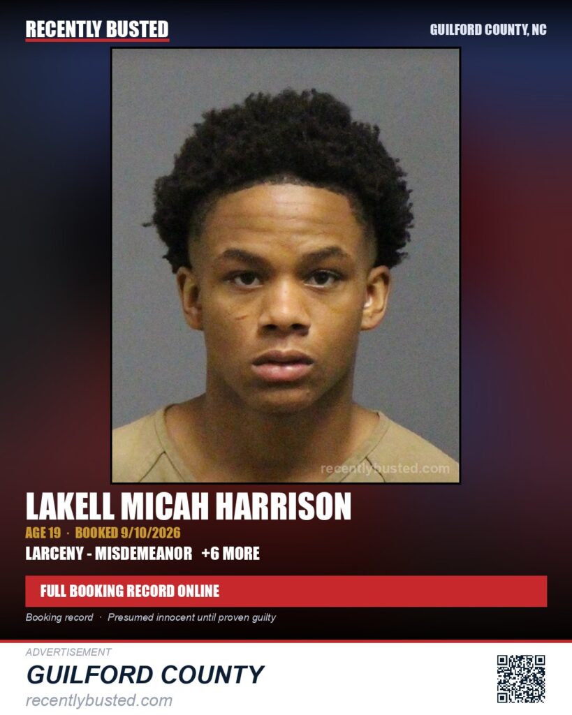 LAKELL MICAH HARRISON — arrest record card, Guilford County, North Carolina