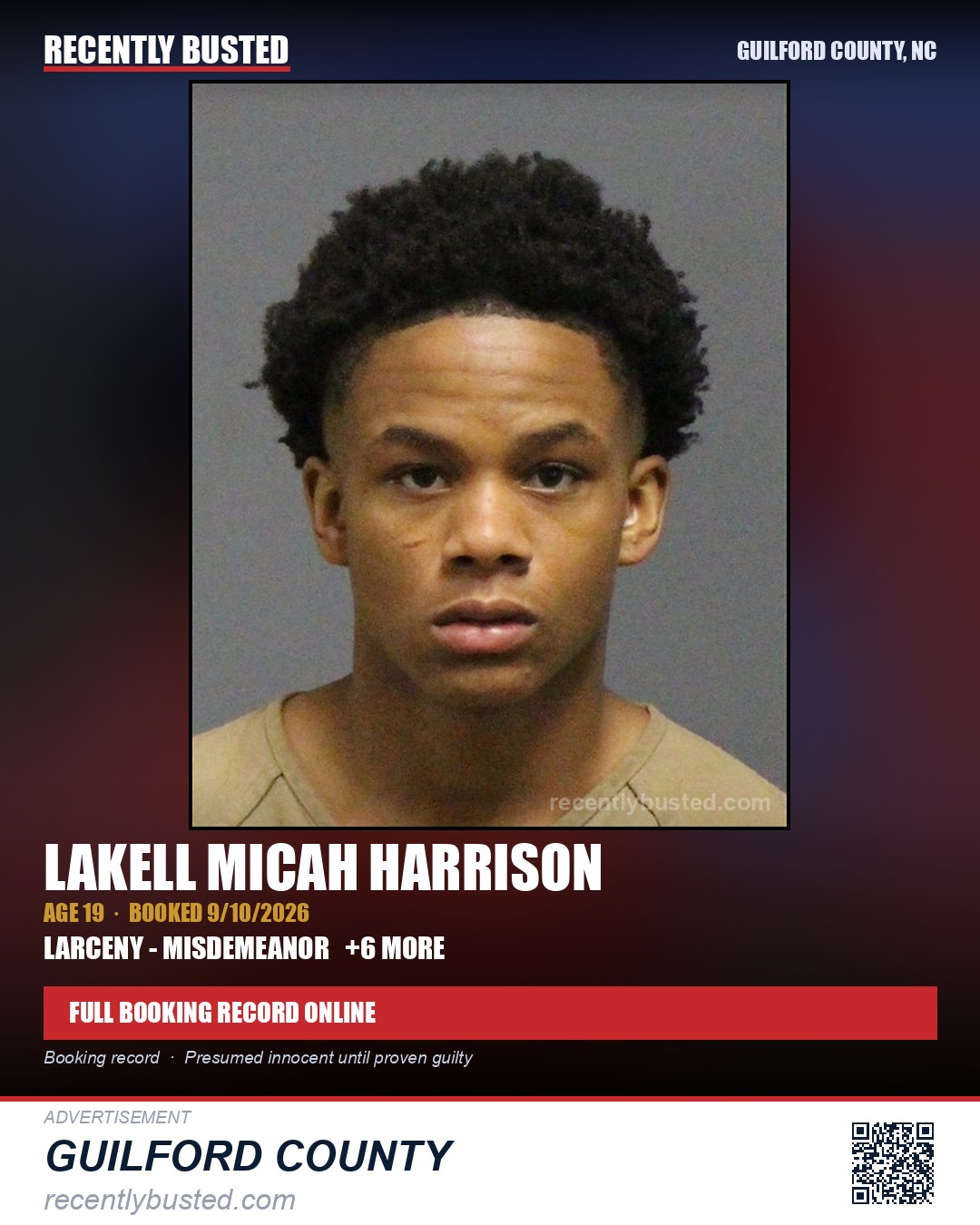LAKELL MICAH HARRISON — arrest record card, Guilford County, North Carolina