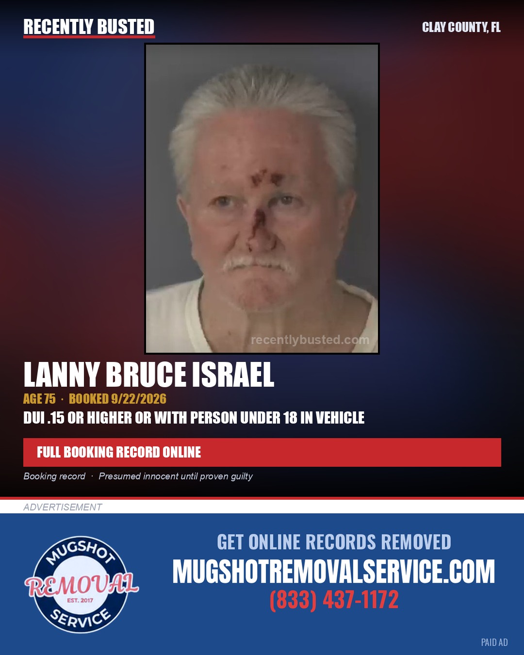 LANNY BRUCE ISRAEL — arrest record card, Clay County, Florida