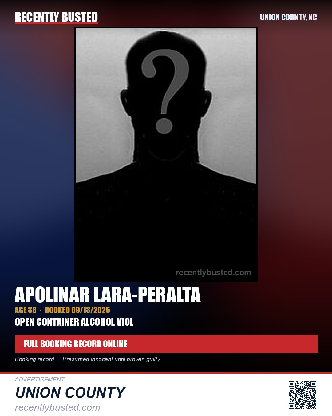 LARA-PERALTA, APOLINAR — arrest record card, Union County, North Carolina