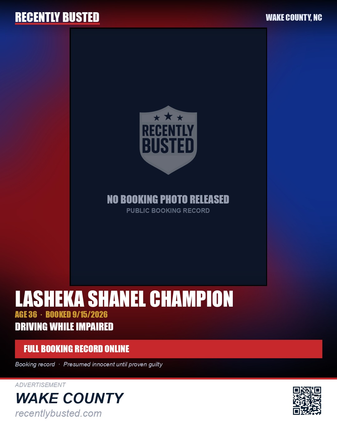 LASHEKA SHANEL CHAMPION — arrest record card, Wake County, North Carolina