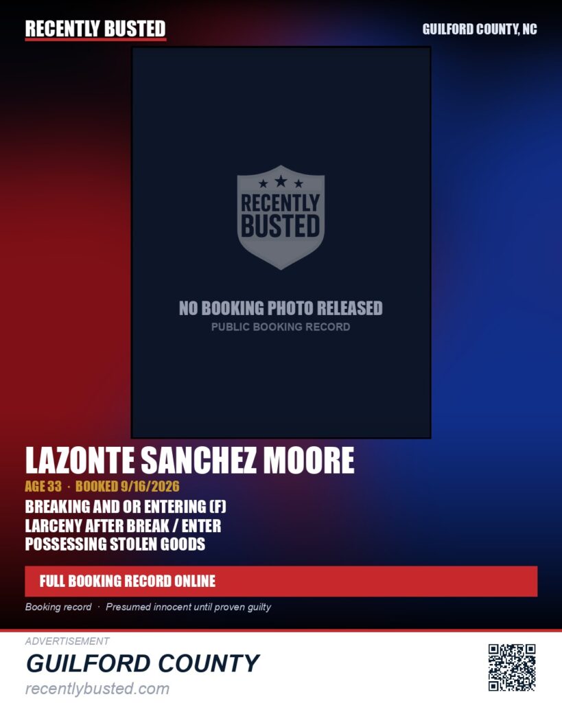 LAZONTE SANCHEZ MOORE — arrest record card, Guilford County, North Carolina