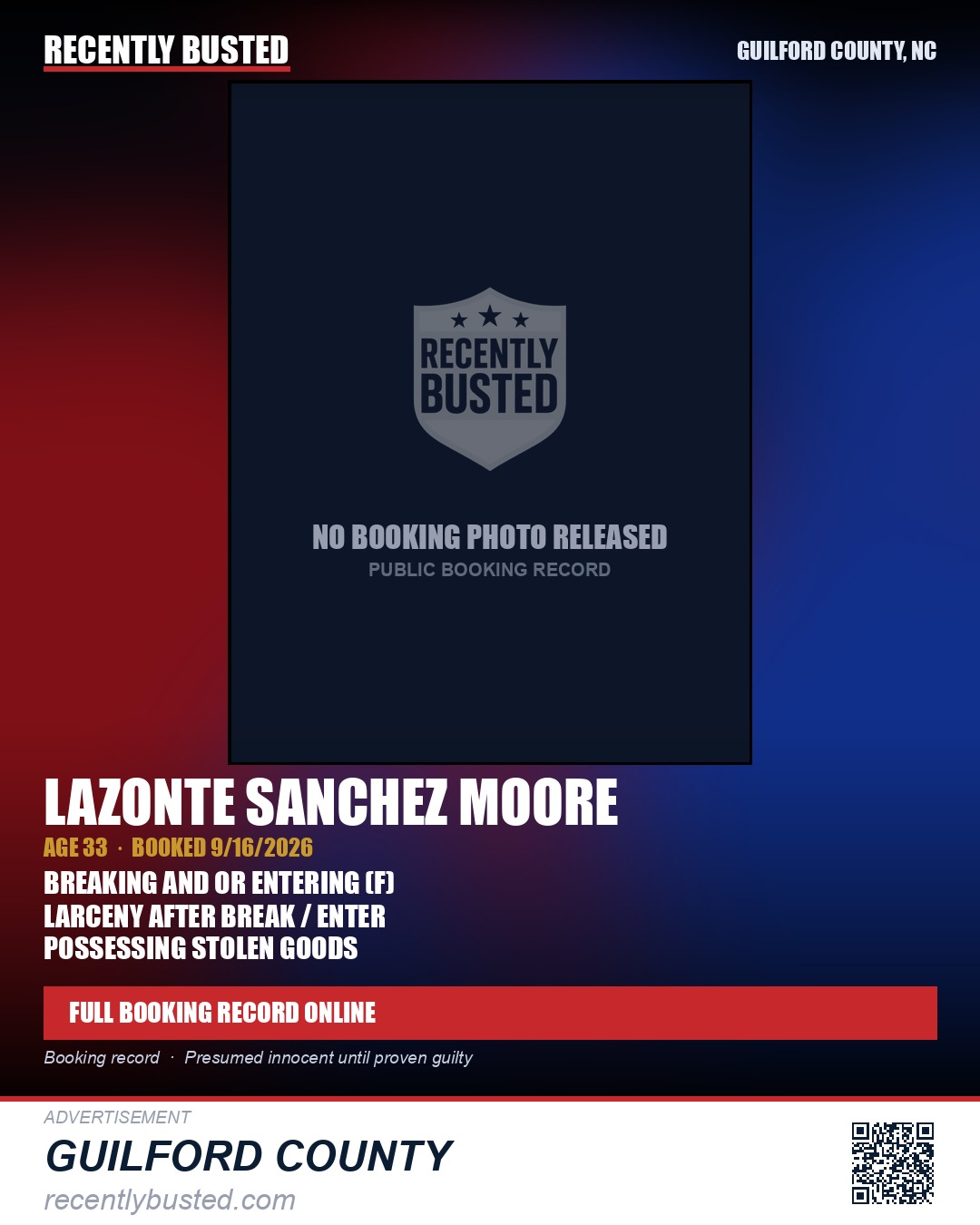 LAZONTE SANCHEZ MOORE — arrest record card, Guilford County, North Carolina