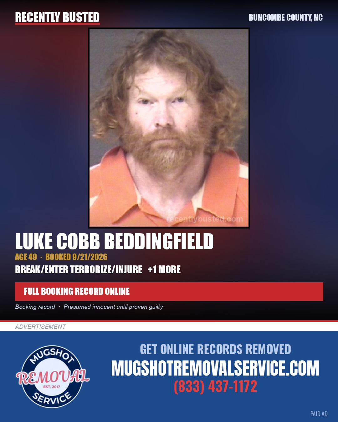 LUKE COBB BEDDINGFIELD — arrest record card, Buncombe County, North Carolina