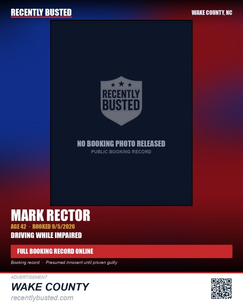 MARK RECTOR — arrest record card, Wake County, North Carolina