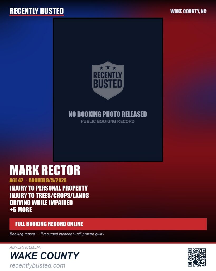 MARK RECTOR — arrest record card, Wake County, North Carolina