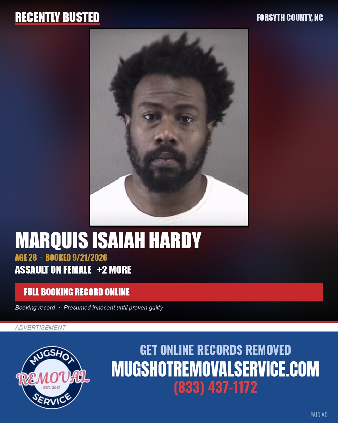MARQUIS ISAIAH HARDY — arrest record card, Forsyth County, North Carolina