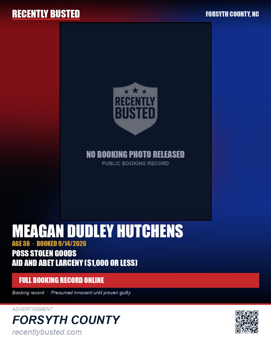 MEAGAN DUDLEY HUTCHENS — arrest record card, Forsyth County, North Carolina
