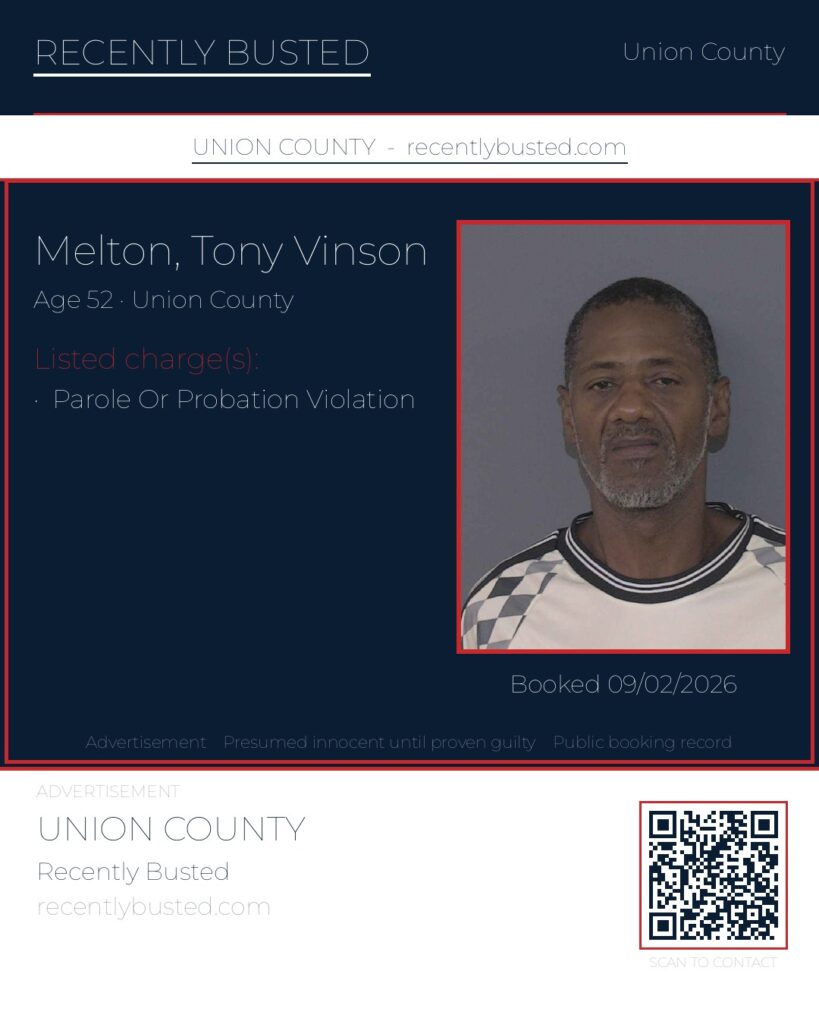 MELTON, TONY VINSON — arrest record card, Union County, North Carolina