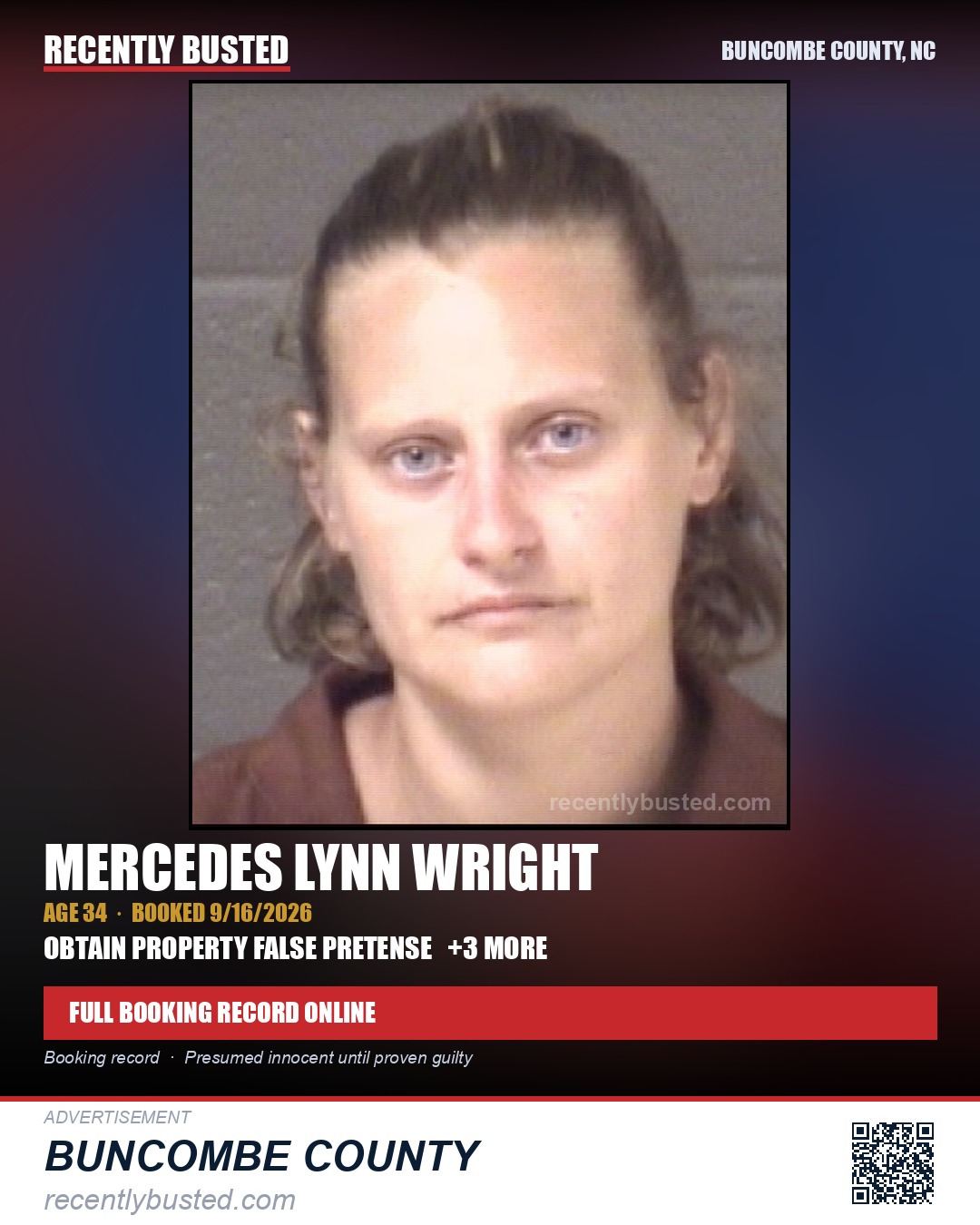 MERCEDES LYNN WRIGHT — arrest record card, Buncombe County, North Carolina