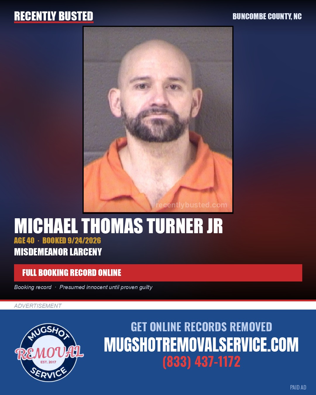 MICHAEL THOMAS TURNER JR — arrest record card, Buncombe County, North Carolina