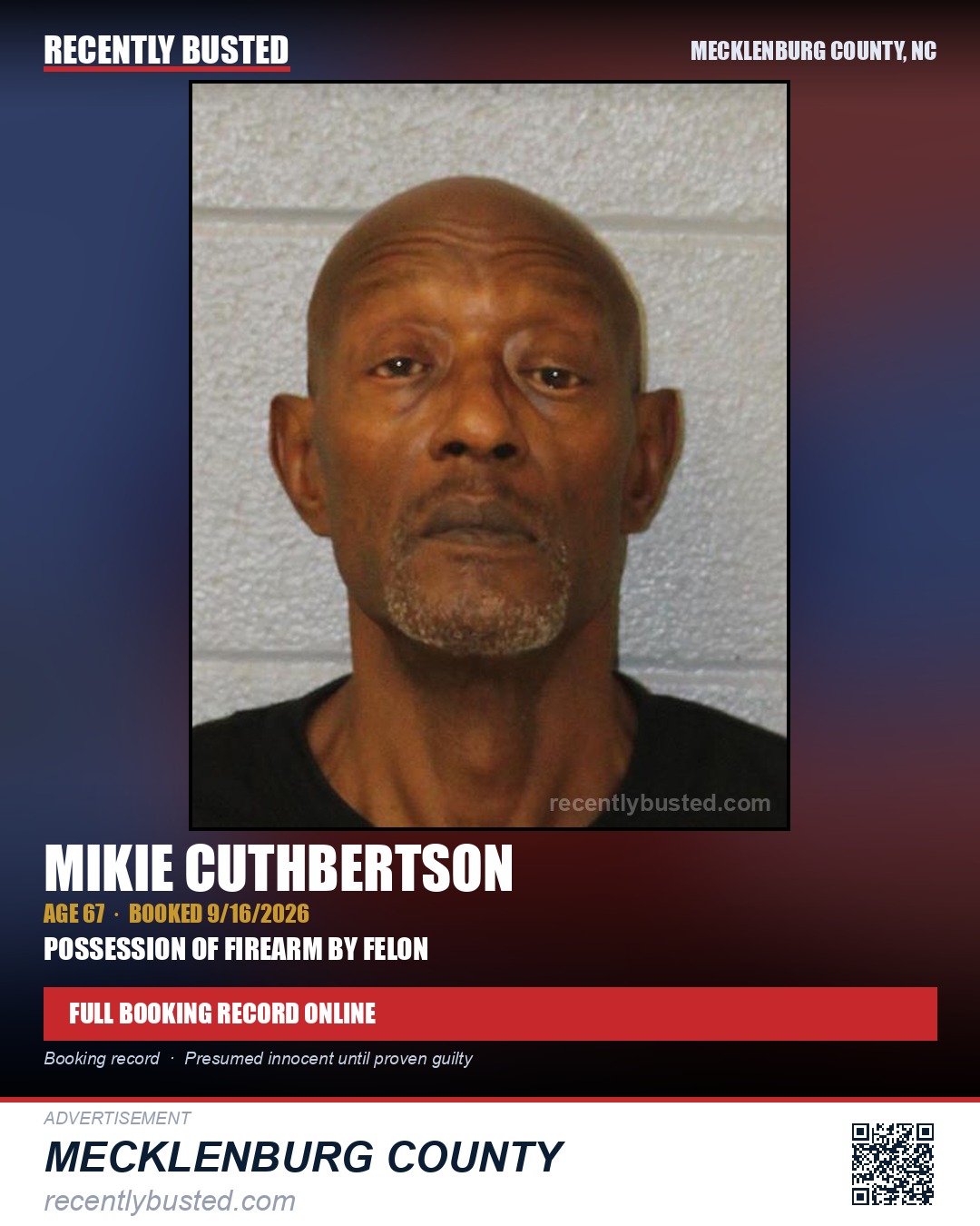 MIKIE CUTHBERTSON — arrest record card, Mecklenburg County, North Carolina