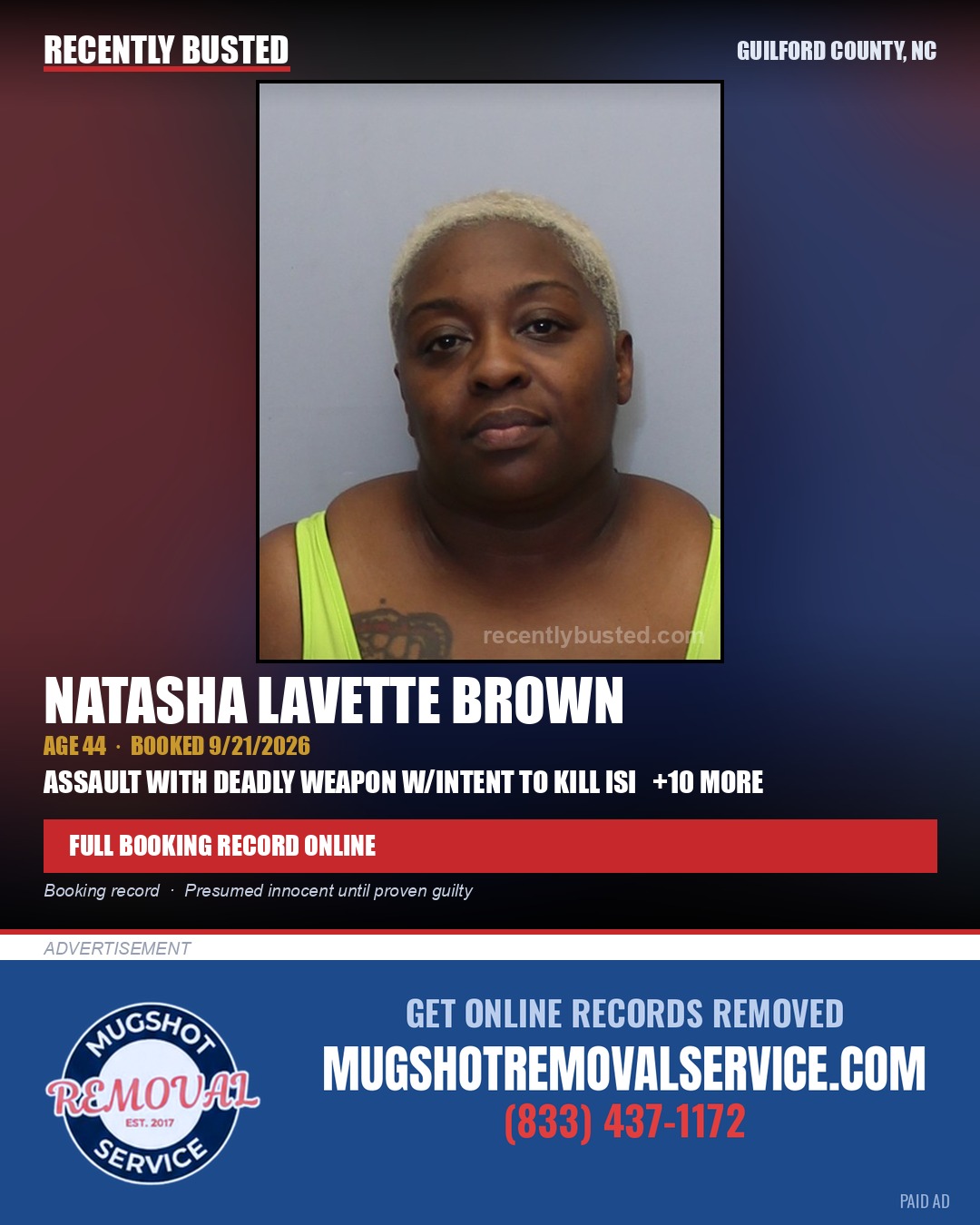 NATASHA LAVETTE BROWN — arrest record card, Guilford County, North Carolina